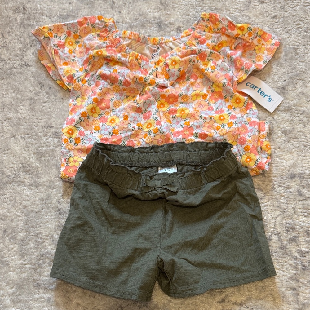 NWT 6/6x 2 piece Carter's Orange Floral Top and Olive Shorts Set